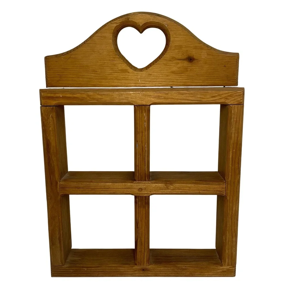 Vintage Handmade Wooden Heart Cutout Wall Shelf Shadow Box Cubby Brown Country